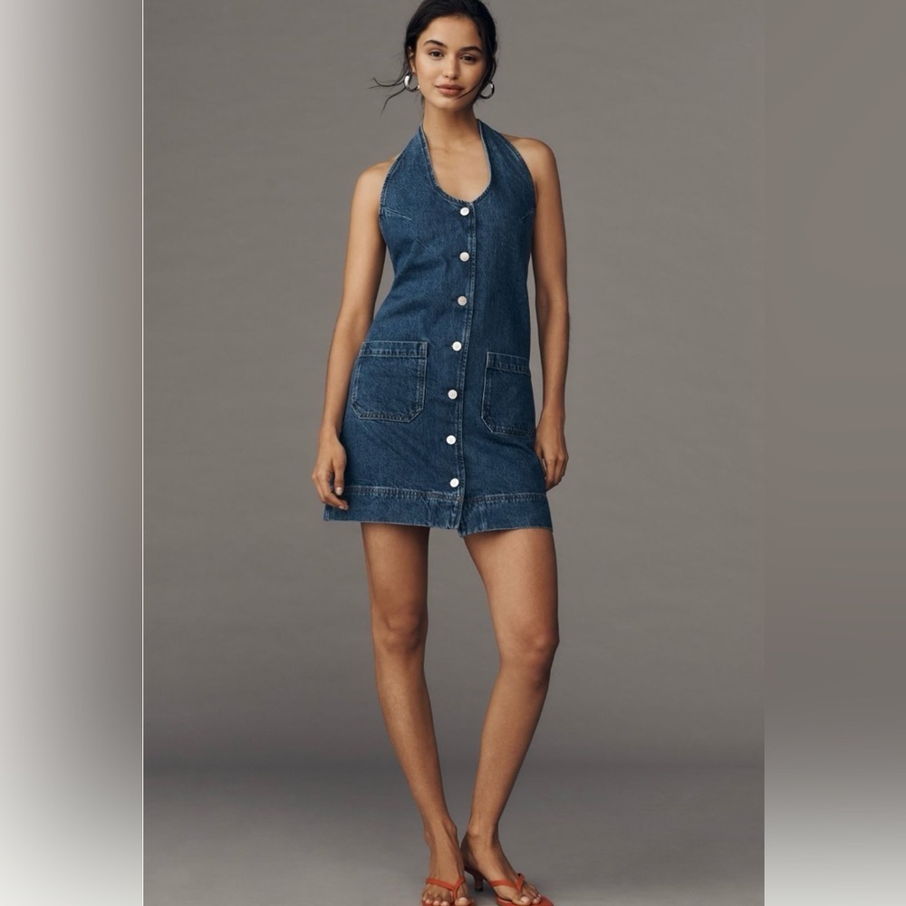 Reformation Brittany Halter Denim Mini Dress Size XL NWT - Picture 3 of 16